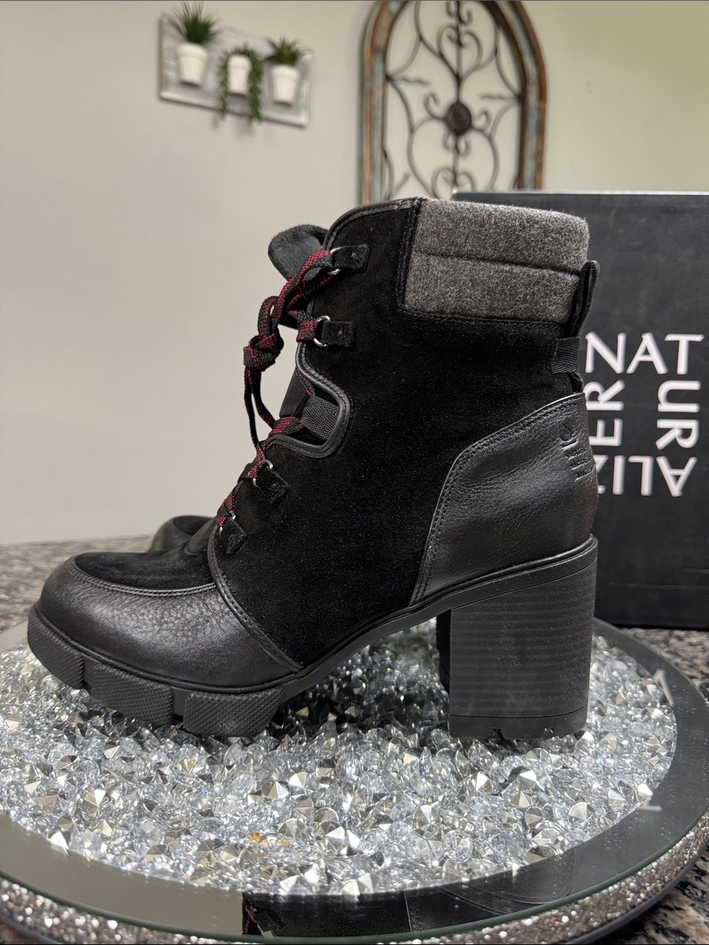 Naturalizer Myla Waterproof Black Bootie Chunky Block Heel Lug Sole Winter Boot